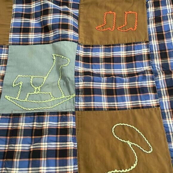 Homemade Plaid Squares Western Corduroy Squares Vintage Quilt 25 In x 54 In - Picture 8 of 14